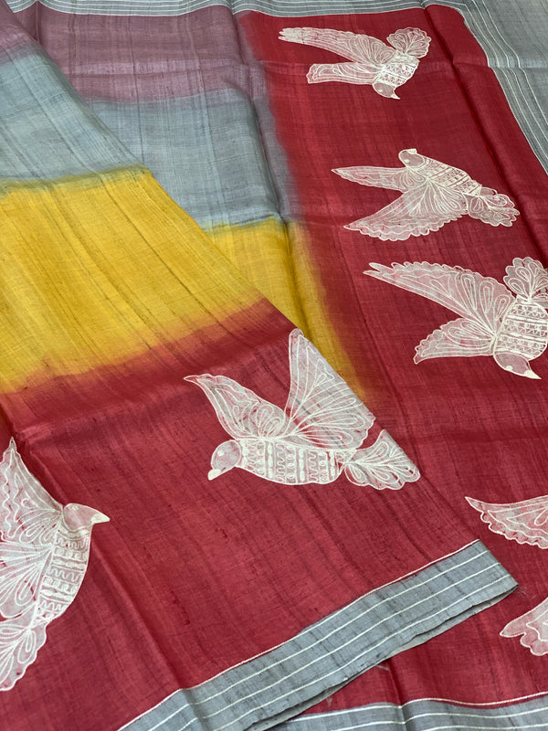 Tussar Saree with Artistic Bird Print - Maroon & Mustard