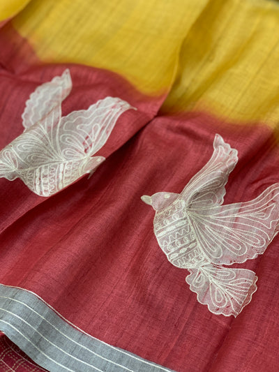 Tussar Saree with Artistic Bird Print - Maroon & Mustard