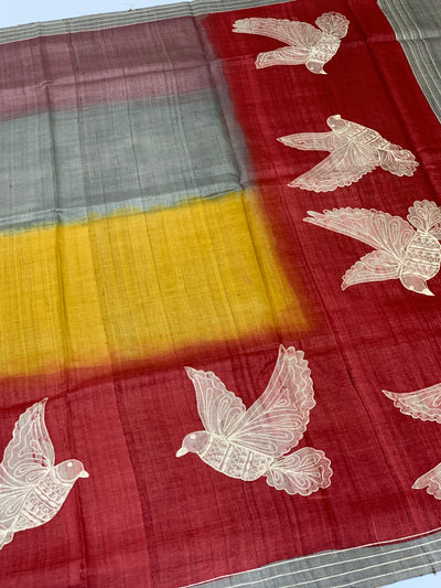 Tussar Saree with Artistic Bird Print - Maroon & Mustard