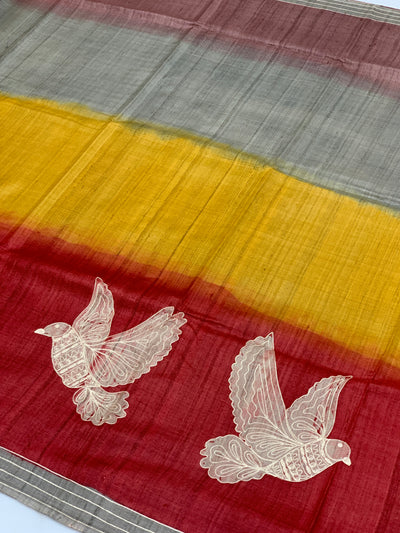 Tussar Saree with Artistic Bird Print - Maroon & Mustard