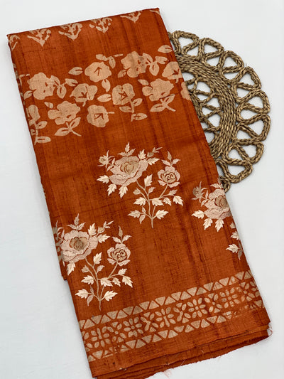 Exquisite Rust Orange Tussar Saree with Embroidery