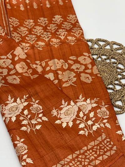 Exquisite Rust Orange Tussar Saree with Embroidery