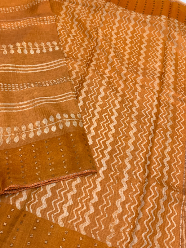 Rust Orange Tissue Tussar Saree with Geometric Chevron Print