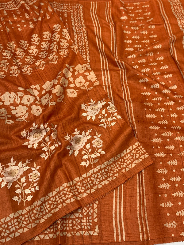 Exquisite Rust Orange Tussar Saree with Embroidery
