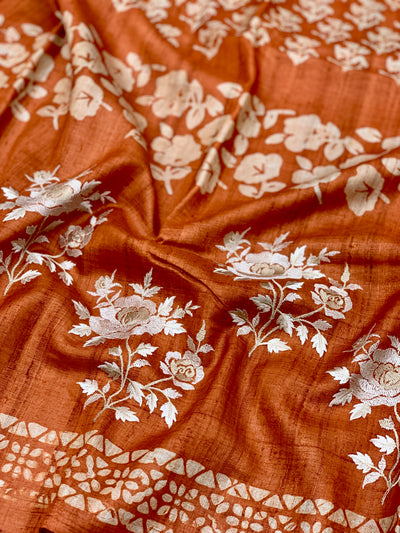 Exquisite Rust Orange Tussar Saree with Embroidery