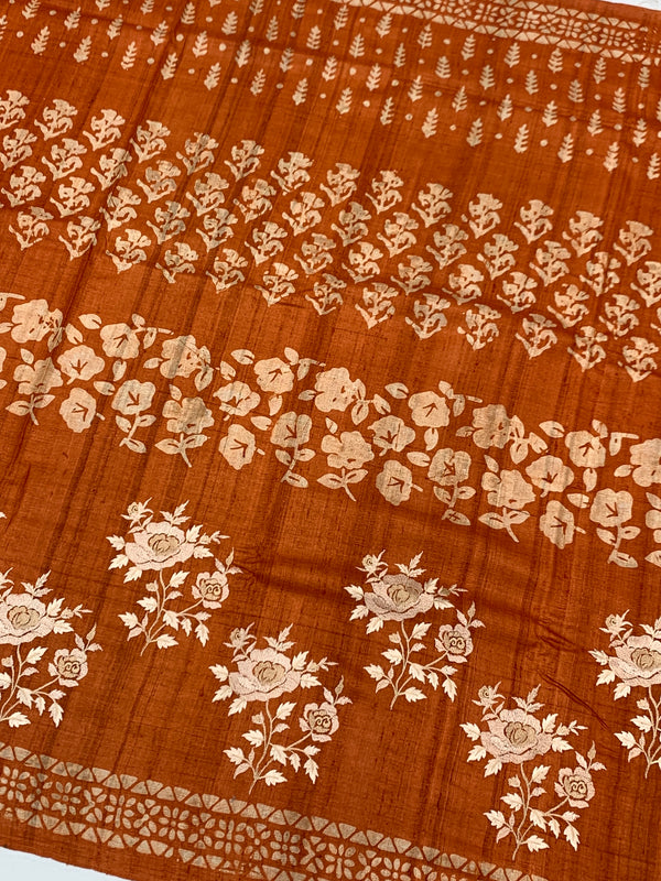 Exquisite Rust Orange Tussar Saree with Embroidery