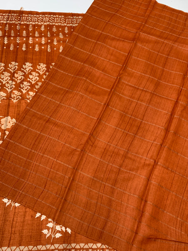Exquisite Rust Orange Tussar Saree with Embroidery