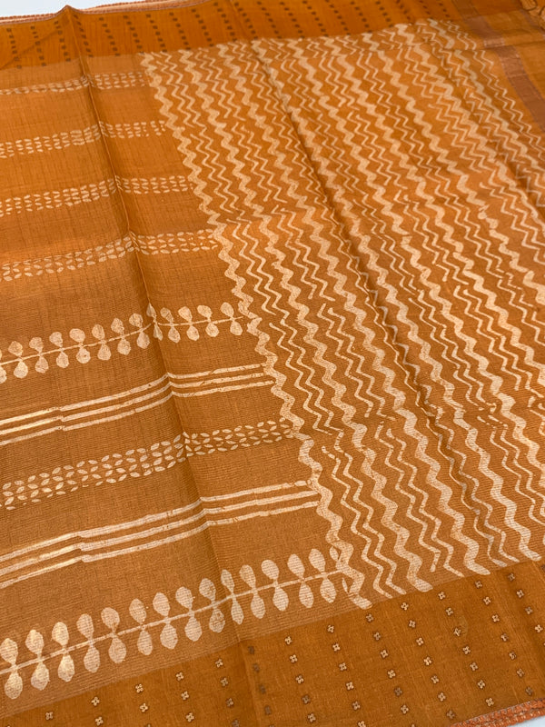Rust Orange Tissue Tussar Saree with Geometric Chevron Print