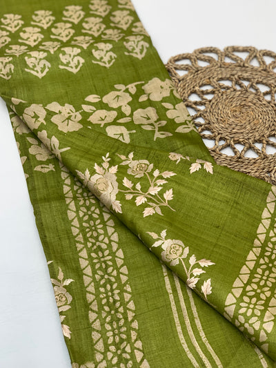 Elegant Moss Green Tussar Embroidery Saree