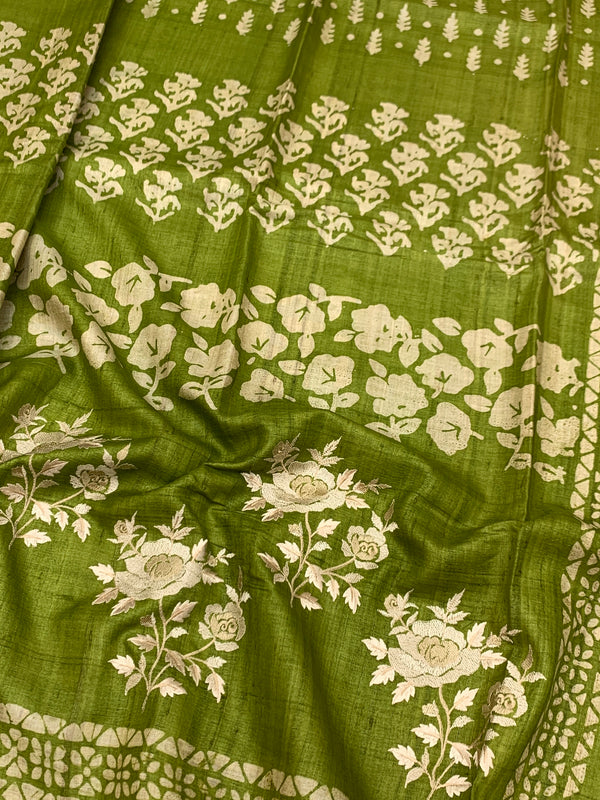 Elegant Moss Green Tussar Embroidery Saree
