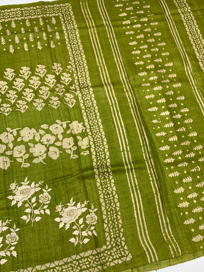 Elegant Moss Green Tussar Embroidery Saree