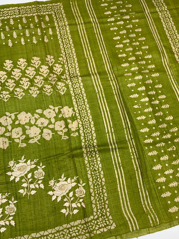 Elegant Moss Green Tussar Embroidery Saree