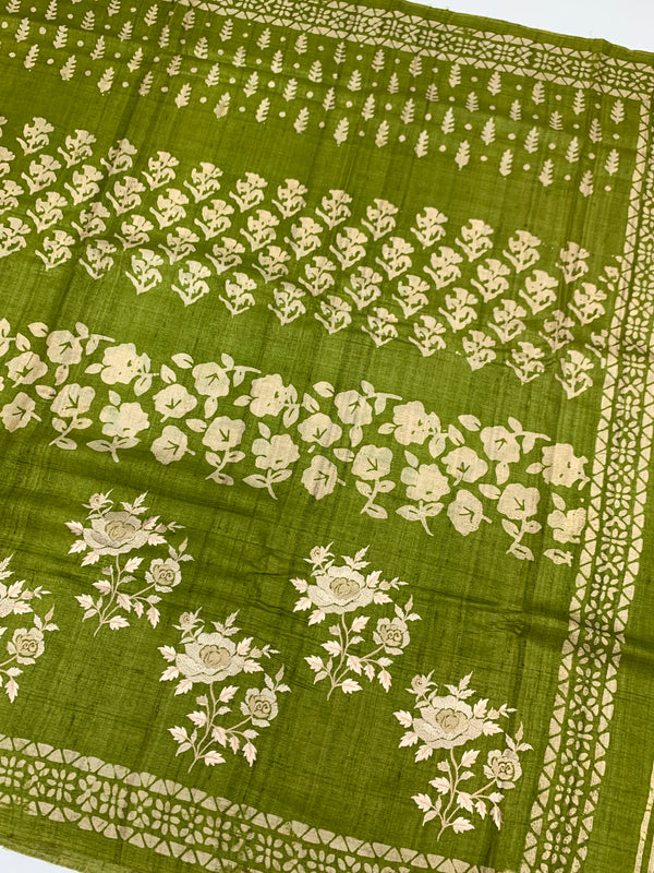 Elegant Moss Green Tussar Embroidery Saree