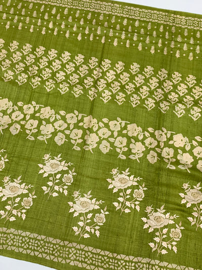 Elegant Moss Green Tussar Embroidery Saree