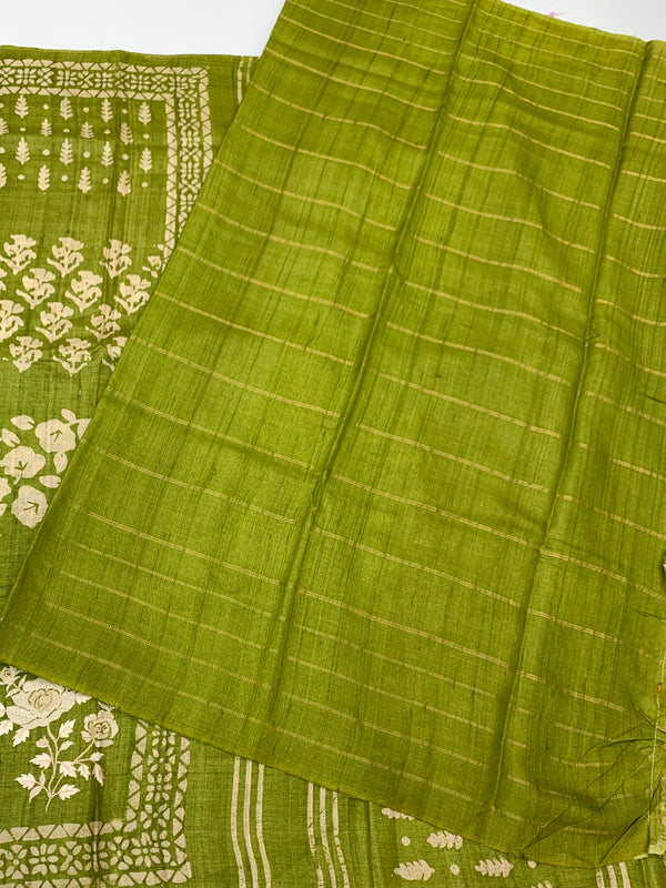 Elegant Moss Green Tussar Embroidery Saree