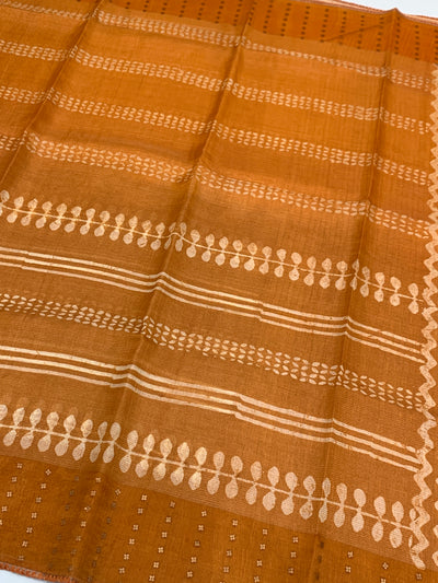 Rust Orange Tissue Tussar Saree with Geometric Chevron Print