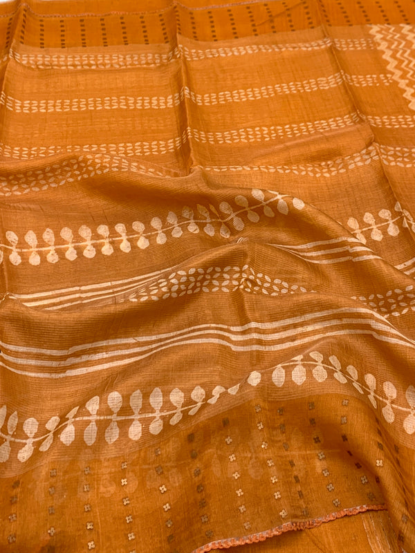 Rust Orange Tissue Tussar Saree with Geometric Chevron Print