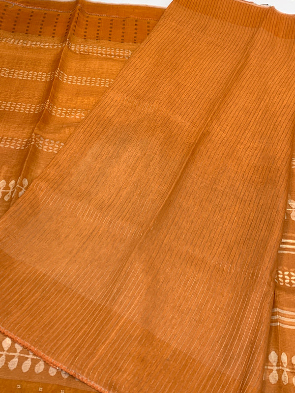 Rust Orange Tissue Tussar Saree with Geometric Chevron Print