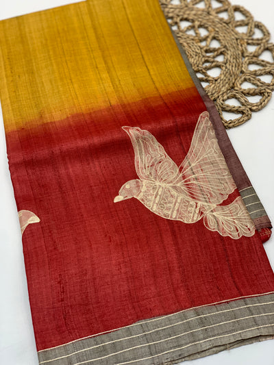 Tussar Saree with Artistic Bird Print - Maroon & Mustard