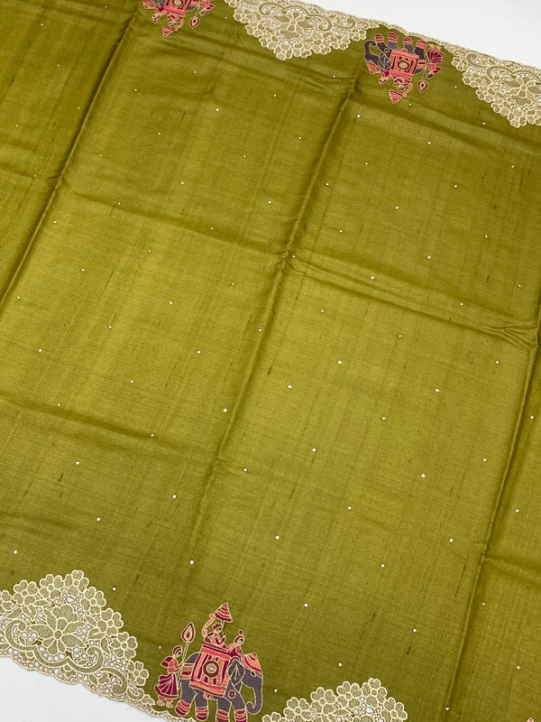 Tussore Saree Mehendi-Green In Colour