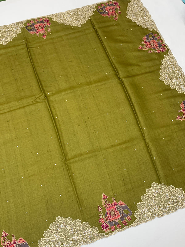 Tussore Saree Mehendi-Green In Colour