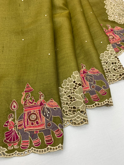 Tussore Saree Mehendi-Green In Colour