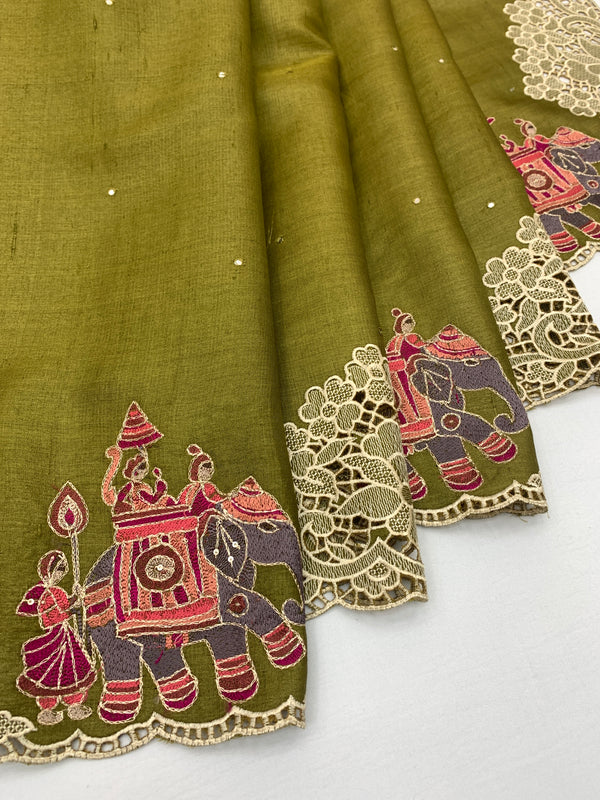 Tussore Saree Mehendi-Green In Colour