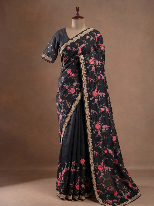 Tussore Saree Black In Colour