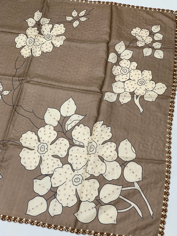 Mocha Brown Tussore Silk Saree with Floral Embroidery