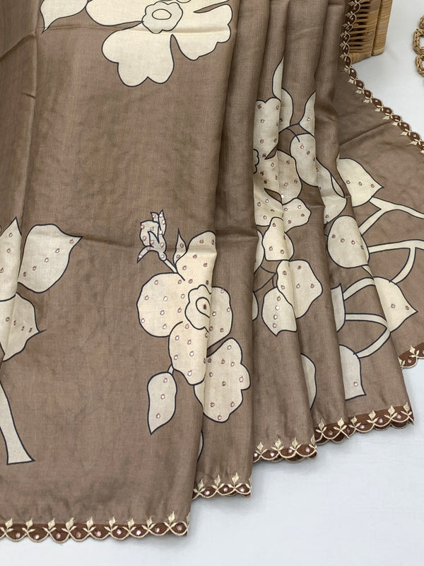 Mocha Brown Tussore Silk Saree with Floral Embroidery