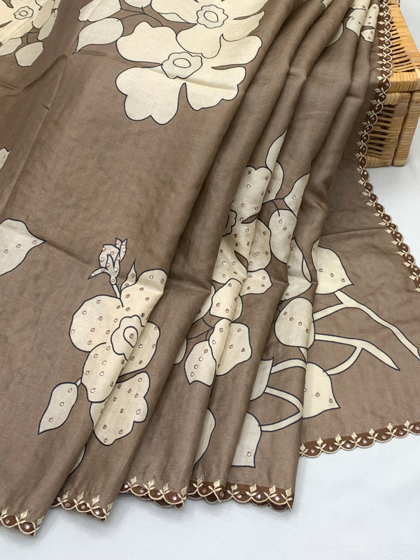 Mocha Brown Tussore Silk Saree with Floral Embroidery
