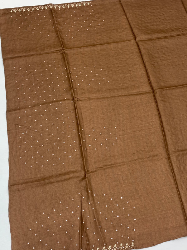 Mocha Brown Tussore Silk Saree with Floral Embroidery