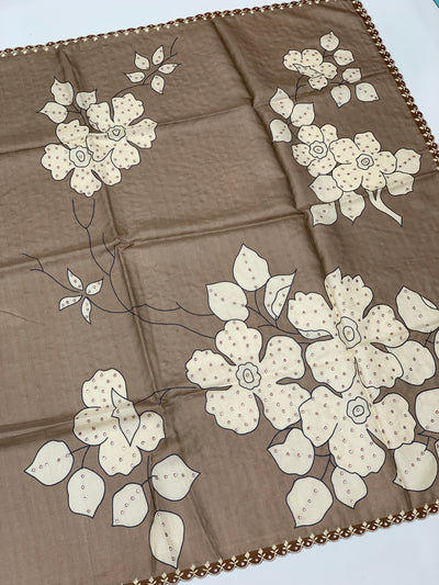 Mocha Brown Tussore Silk Saree with Floral Embroidery