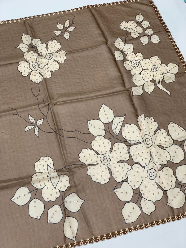 Mocha Brown Tussore Silk Saree with Floral Embroidery