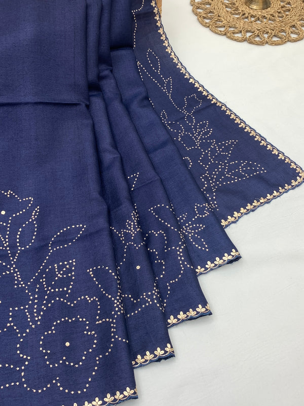 Tussore Saree Navy-Blue In Colour