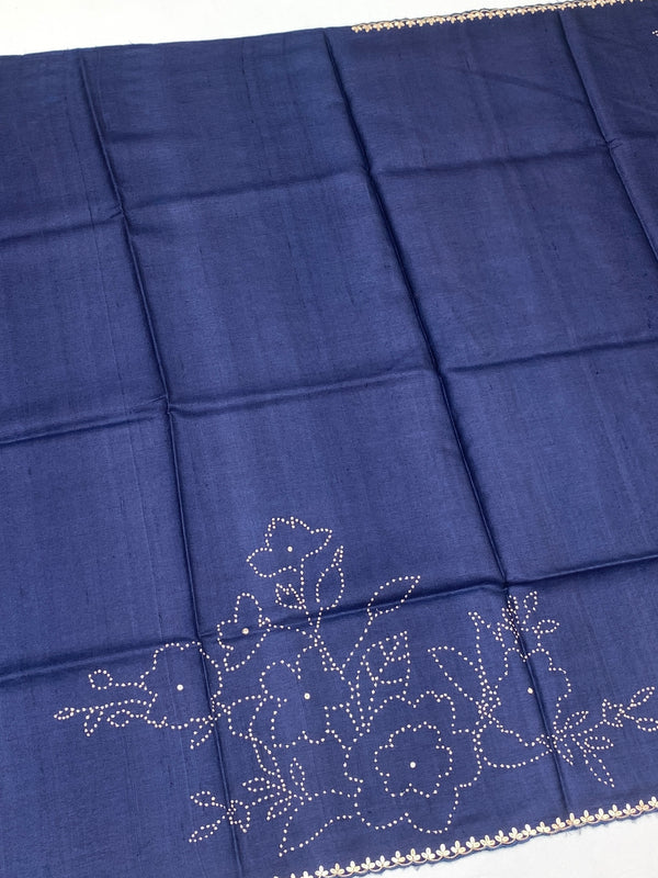 Tussore Saree Navy-Blue In Colour