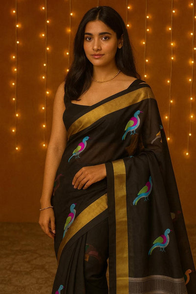 Chanderi Silk Saree Black In Colour