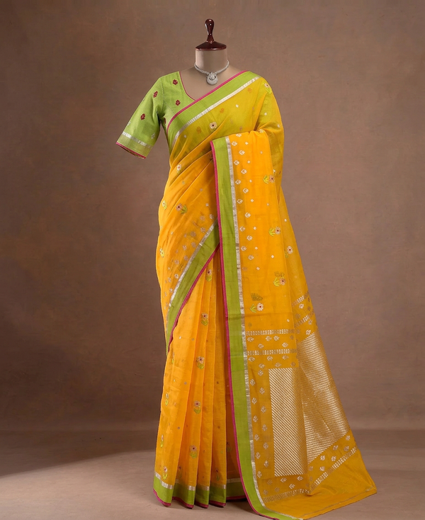 Zari Kota Saree Dark-Mustard In Color