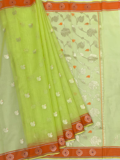 Zari Kota Saree Lemon-Green In Color
