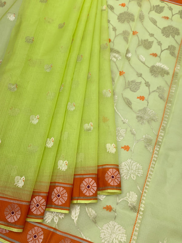 Zari Kota Saree Lemon-Green In Color