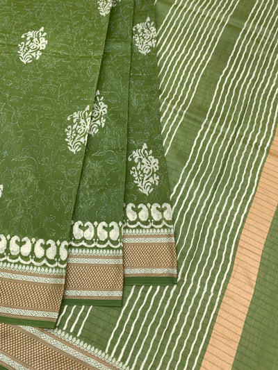 Olive Green Floral Printed Cotton Saree