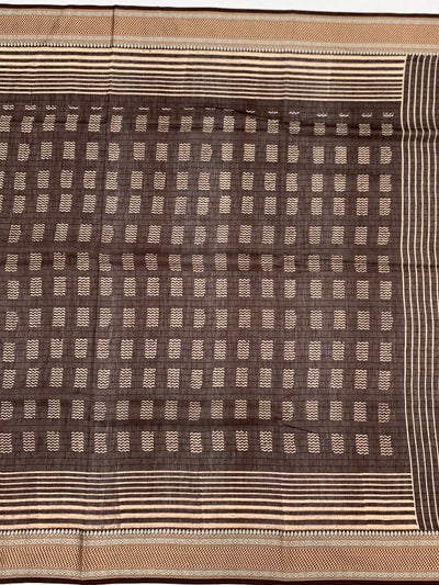 Tuscan Coffee: Hand-Printed Geometric Cotton Saree