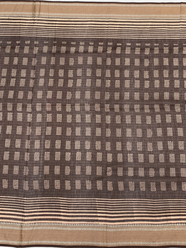 Tuscan Coffee: Hand-Printed Geometric Cotton Saree