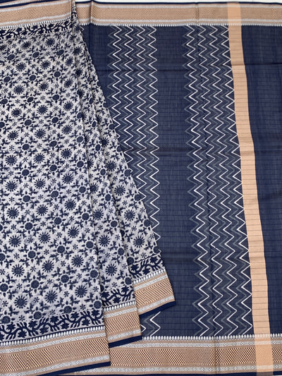 Indigo Floral & Leheriya Printed Cotton Saree