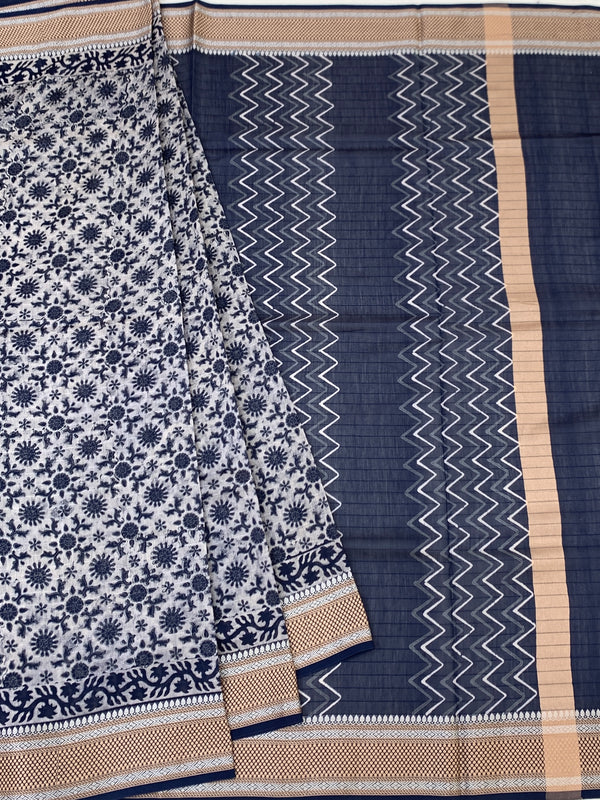 Indigo Floral & Leheriya Printed Cotton Saree