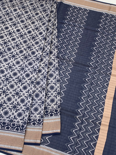 Indigo Floral & Leheriya Printed Cotton Saree