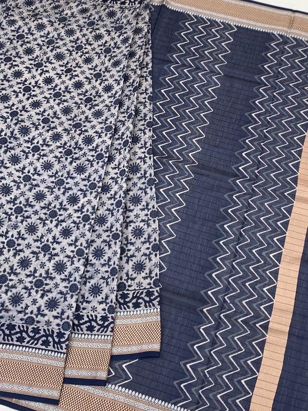 Indigo Floral & Leheriya Printed Cotton Saree