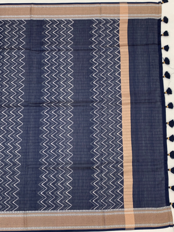 Indigo Floral & Leheriya Printed Cotton Saree