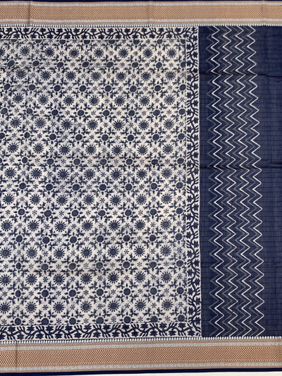 Indigo Floral & Leheriya Printed Cotton Saree