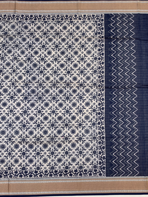 Indigo Floral & Leheriya Printed Cotton Saree